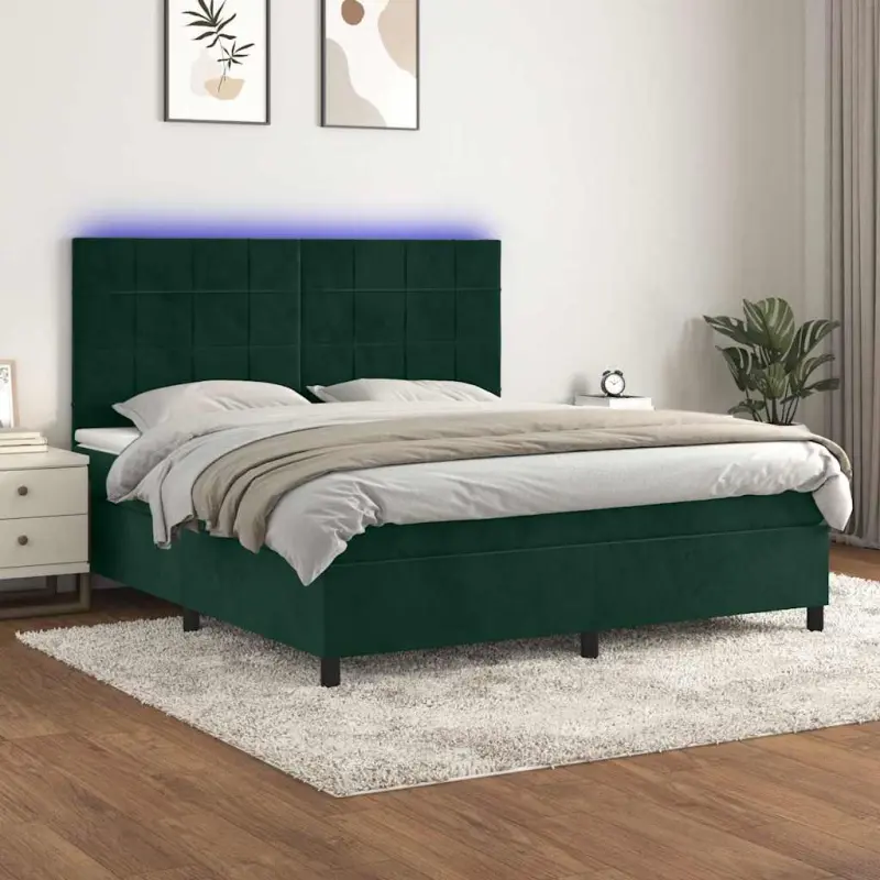 Łóżko kontynentalne z materacem i LED zielony aksamit 180x200cm