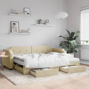 Sofa rozsuwana z szufladami, kremowa, 90x200 cm, tkanina