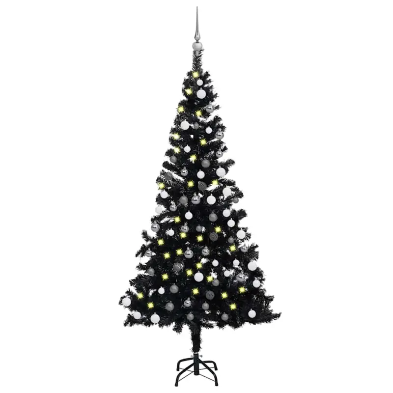 Sztuczna choinka z lampkami i bombkami, czarna, 150 cm, PVC
