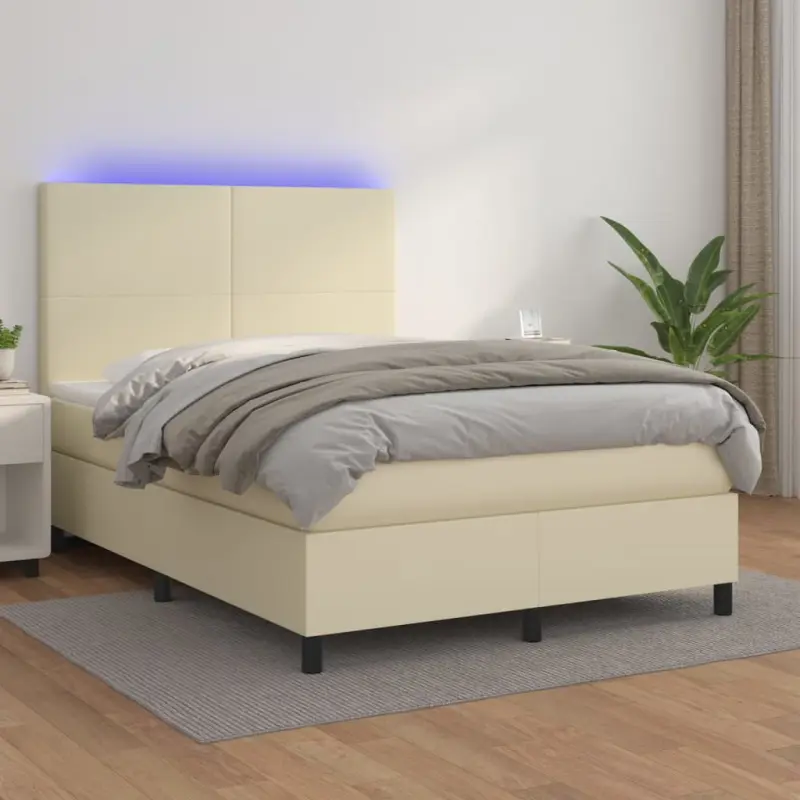 Łóżko kontynentalne z LED, materac, kremowe, ekoskóra 140x190cm