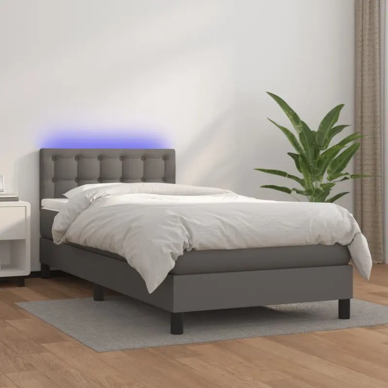 Łóżko kontynentalne z materacem i LED, szara ekoskóra 80x200 cm