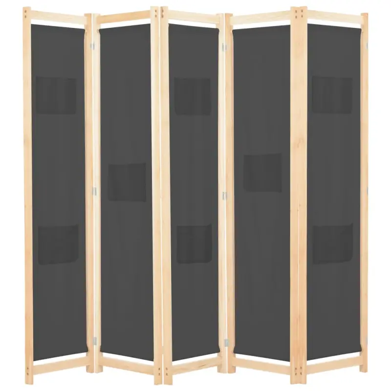 Parawan 5-panelowy, szary, 200 x 170 x 4 cm, tkanina