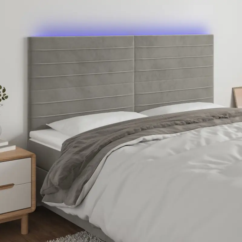 Zagłówek do łóżka z LED, jasnoszary, 200x5x118/128 cm, aksamit