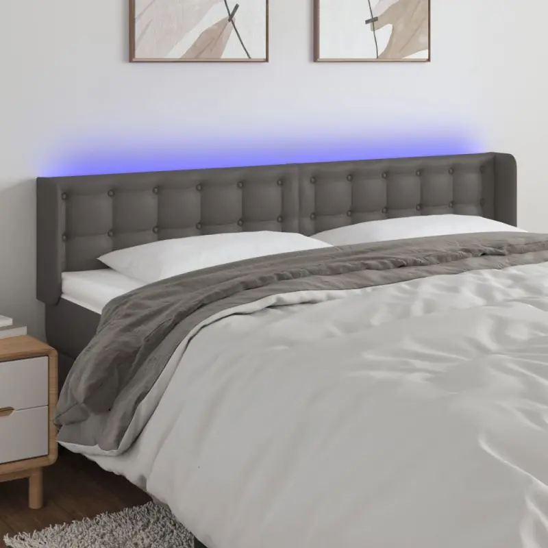 Zagłówek do łóżka z LED, szary, 183x16x78/88 cm sztuczna skóra