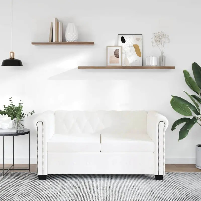 Sofa 2-osobowa w stylu Chesterfield, sztuczna skóra, biała