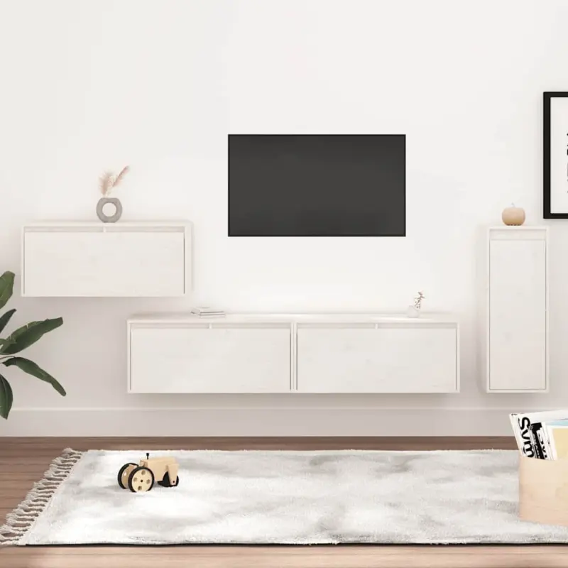 Szafki pod TV, 4 szt., białe, lite drewno sosnowe