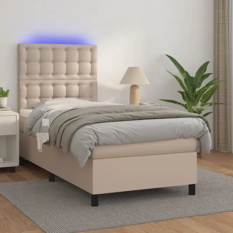 Łóżko kontynentalne, materac i LED cappuccino ekoskóra 80x200cm