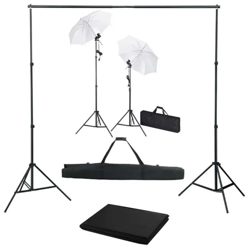 Fotograficzny zestaw studyjny z tłem, lampami i parasolkami