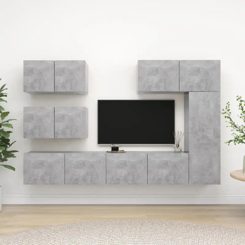 6-cz. zestaw szafek TV, szarość betonu, materiał drewnopochodny