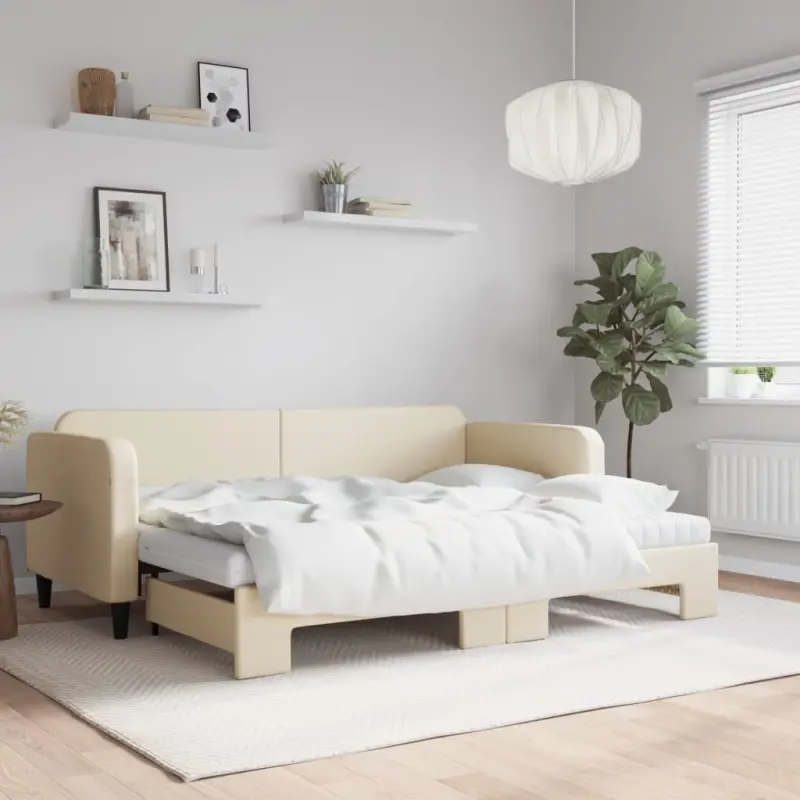 Sofa rozsuwana z materacami, kremowa, 80x200 cm, tkanina