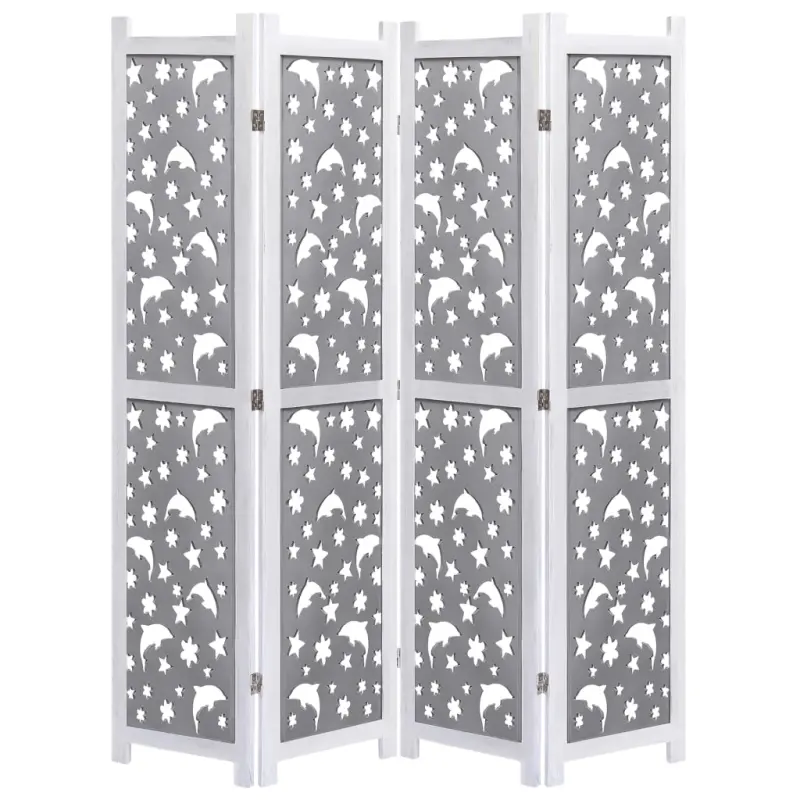 Parawan 4-panelowy, szary, 140 x 165 cm, lite drewno