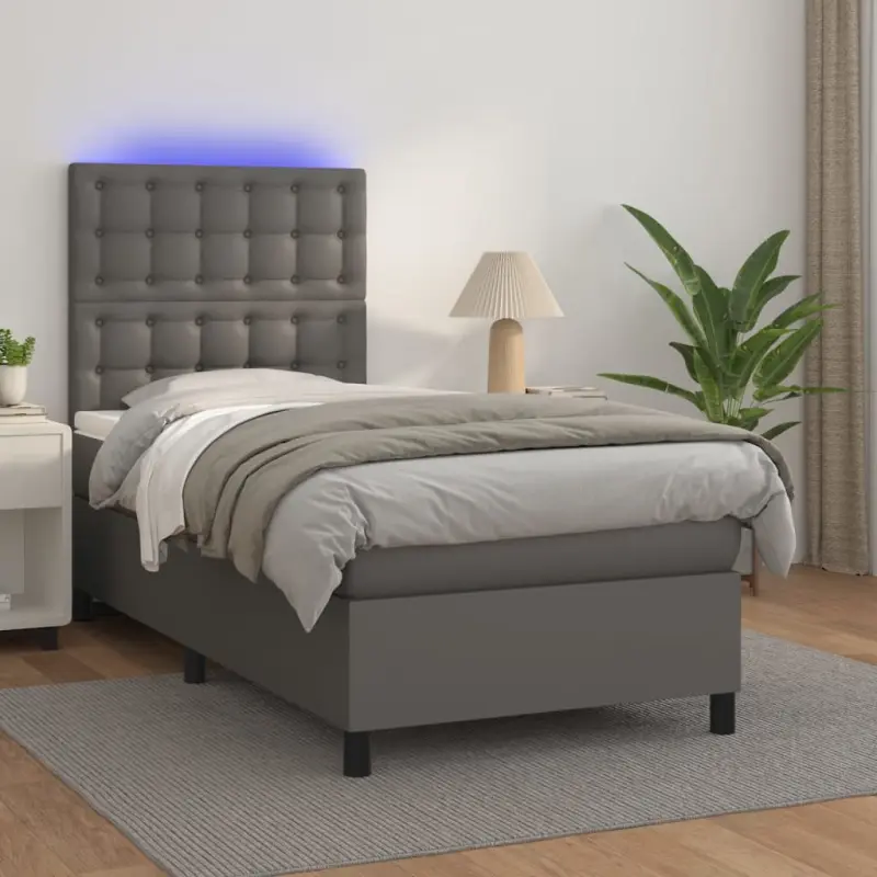 Łóżko kontynentalne z materacem i LED, szara ekoskóra 100x200cm