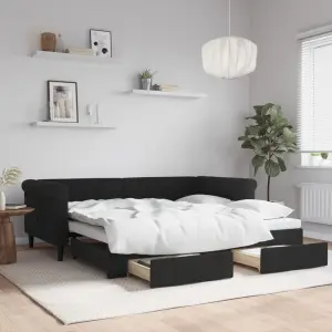 Sofa rozsuwana z szufladami, czarna, 90x190 cm, aksamit