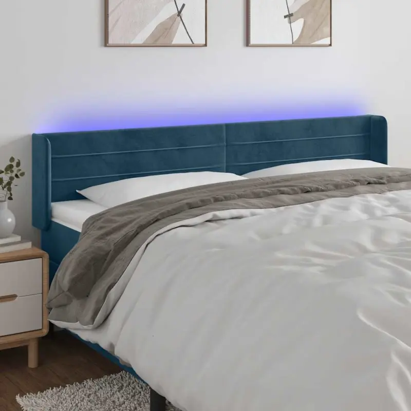 Zagłówek do łóżka z LED ciemnoniebieski 183x16x78/88 cm aksamit
