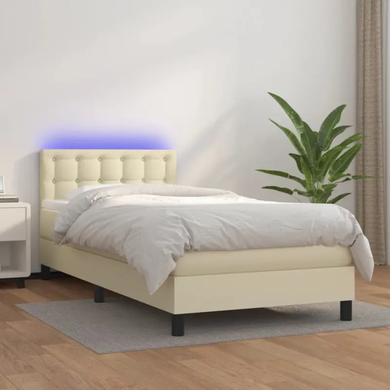 Łóżko kontynentalne z LED, materac, kremowe, ekoskóra 80x200 cm