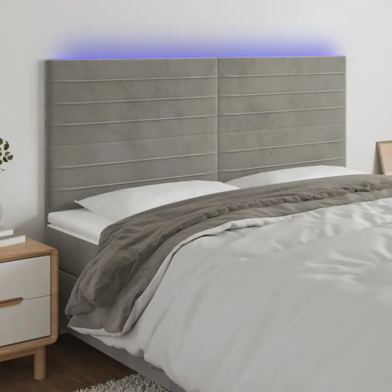 Zagłówek do łóżka z LED, jasnoszary, 160x5x118/128 cm, aksamit
