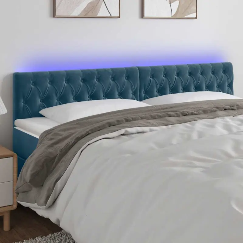 Zagłówek do łóżka z LED, ciemnoniebieski 200x7x78/88cm, aksamit