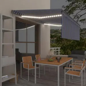 Ręcznie zwijana markiza z zasłoną i LED, 4x3 m, niebiesko-biała