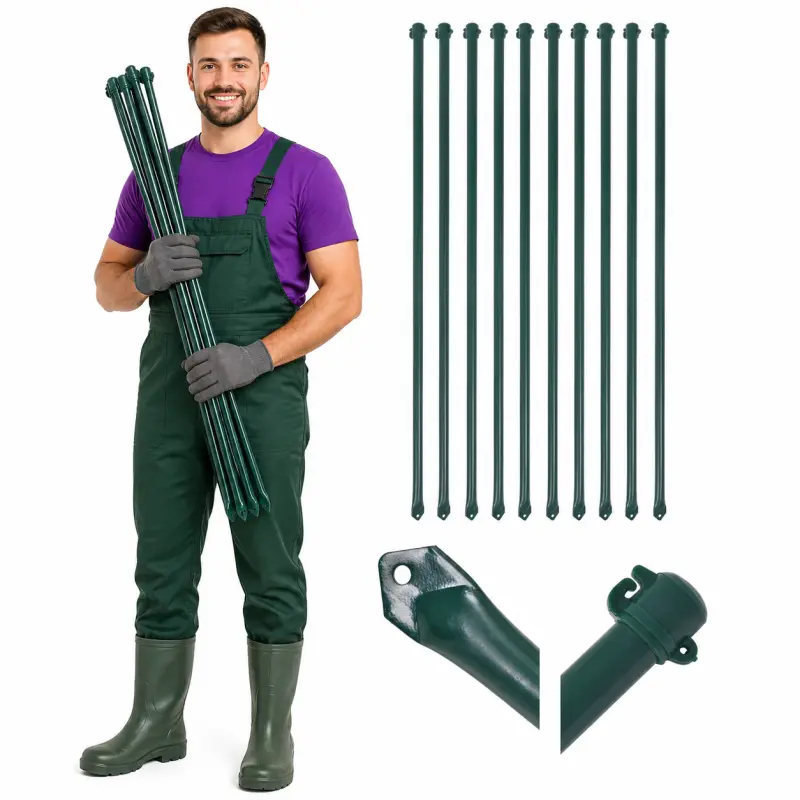 Słupki ogrodzeniowe, 10 szt., 1,5 m, metalowe, zielone