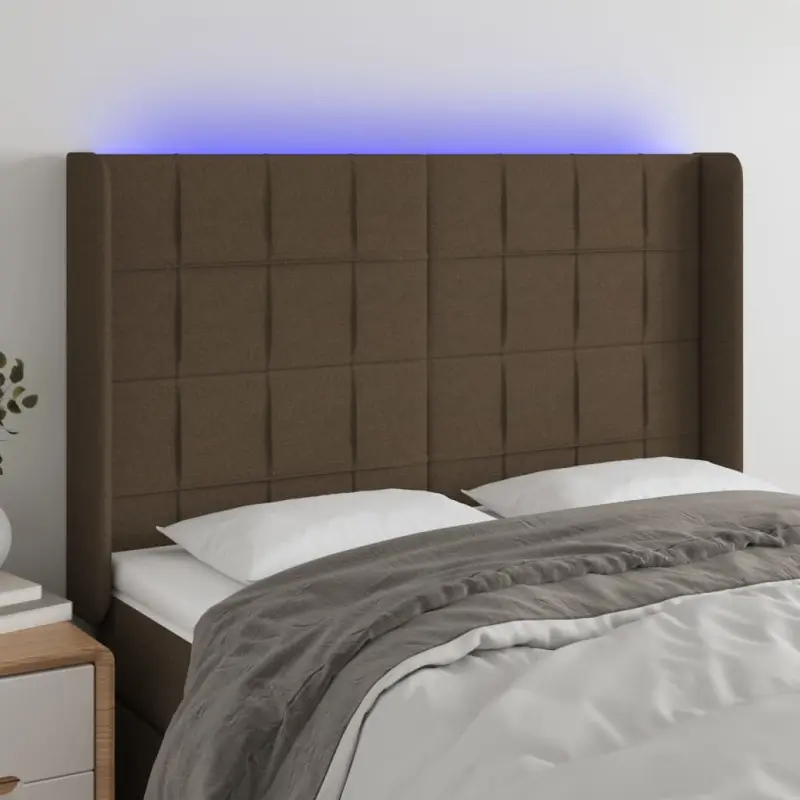 Zagłówek do łóżka z LED ciemnobrązowy 147x16x118/128 cm tkanina